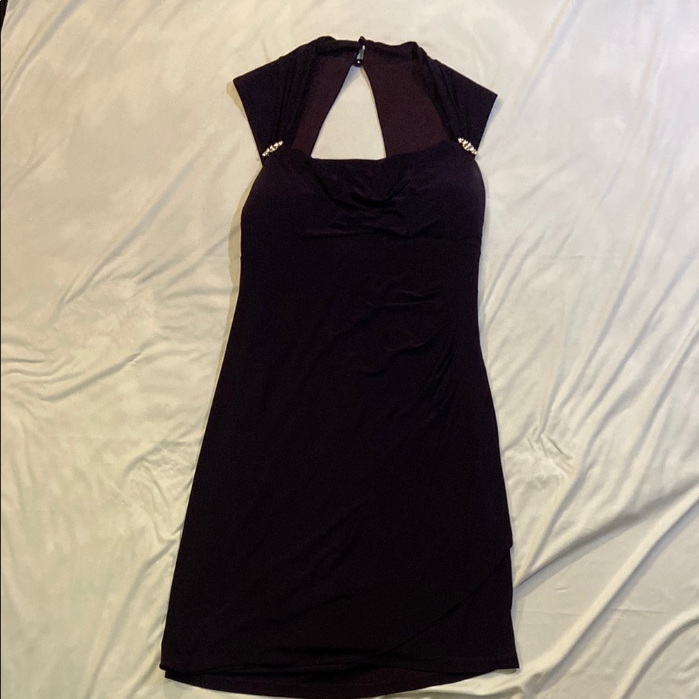 Jessica Eggplant Purple Open back Mid Dress with rhinestones on both sides